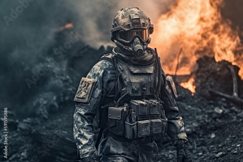 A soldier in a military uniform stands in front of a burning fire Generative AI