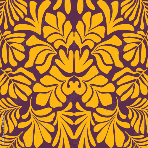 Brown yellow abstract background with tropical palm leaves in Matisse style. Vector seamless pattern.