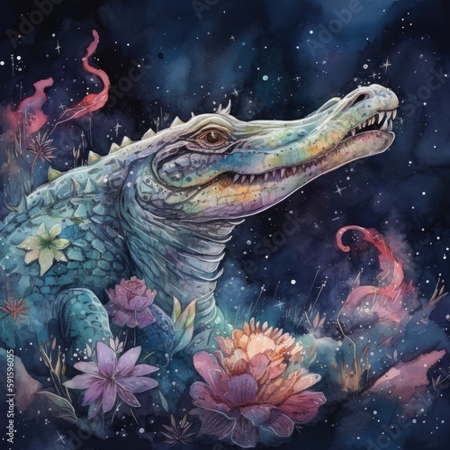 watercolor mysterious Crocodile Generative Ai