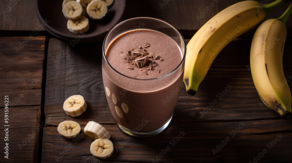 Fresh Banana and Chocolate Smoothie on a Rustic Table Fresh Banana and Chocolate Smoothie on a Rustic Table