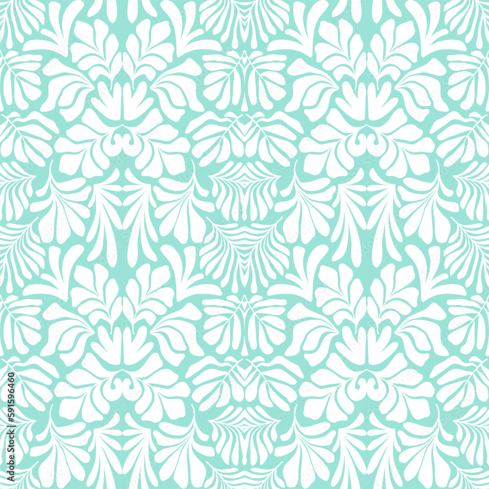 Turquoise white abstract background with tropical palm leaves in Matisse style. Vector seamless pattern. Turquoise white abstract background with tropical palm leaves in Matisse style. Vector seamless pattern.