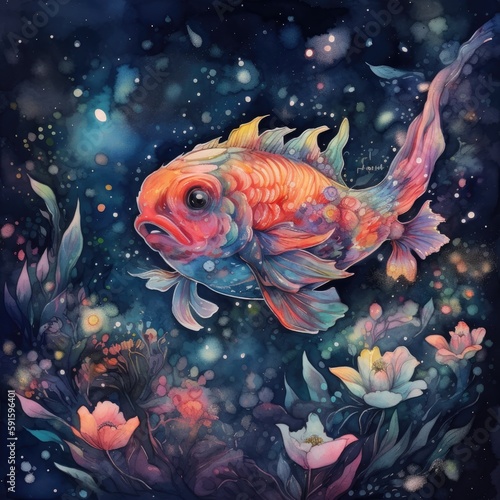 Watercolor mysterious Fish Generative Ai © TieShine