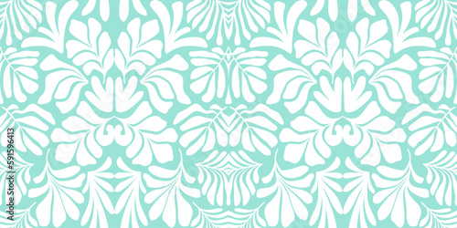 Turquoise white abstract background with tropical palm leaves in Matisse style. Vector seamless pattern.