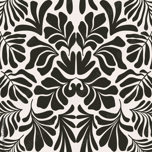 Black and white abstract background with tropical palm leaves in Matisse style. Vector seamless pattern.