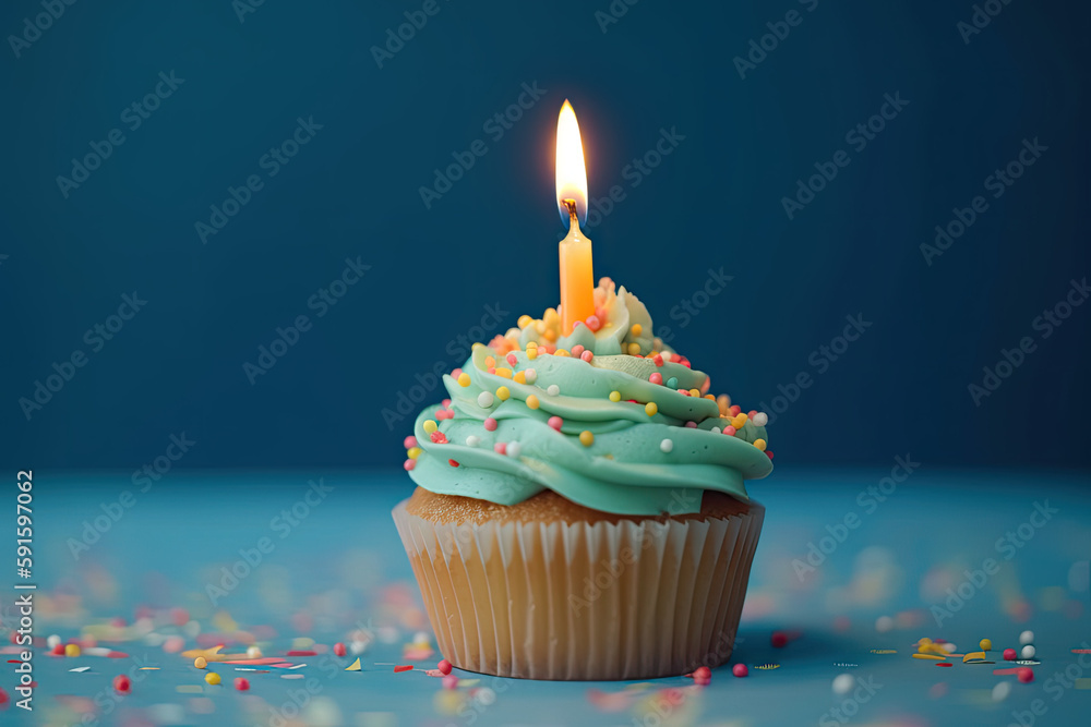 Cupcake with one candle and confetti, Generative AI Cupcake with one candle and confetti, Generative AI