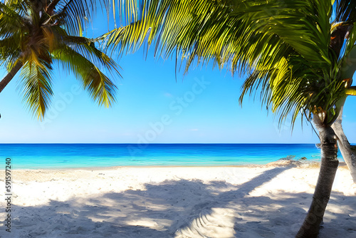 Relax on the beach with palm tree, room for copy, background