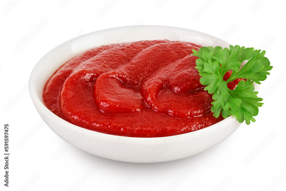 Red tomato sauce or ketchup in ceramic bowl isolated on white background . Top view. Flat lay Red tomato sauce or ketchup in ceramic bowl isolated on white background . Top view. Flat lay