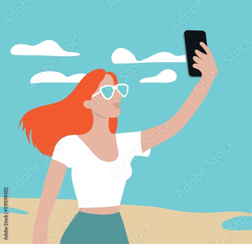 Woman on Beach Vacation Taking Selfie Vector Illustration