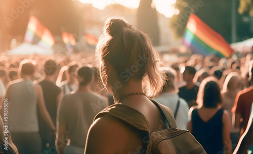 Girl at a gay pride day demonstration. LGTB flags, LGTBIQ, Pride Day. Generative ai. photo
