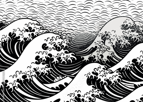 An oriental Japanese great wave in a vintage retro engraved etching style created with Generative AI technology