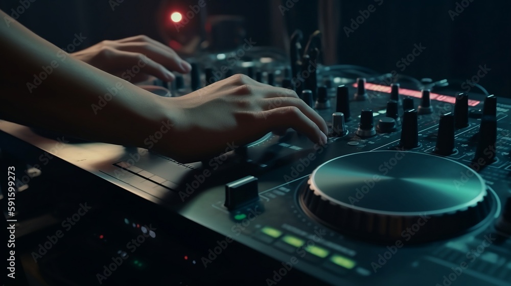 DJ realistic very detailed Hands with veins from lifting weight on steroids creating and regulating music on dj console mixer with less knobs in concert outdoor  hazy created using generative ai - obrazy, fototapety, plakaty 