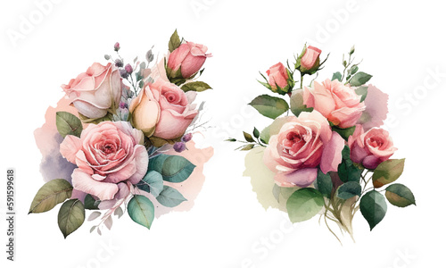 Watercolor pink roses flowers. Set of floral branch. Flower pink rose, green leaves. Wedding concept with flowers. Floral poster, invite. Vector.