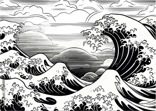An oriental Japanese great wave in a vintage retro engraved etching style created with Generative AI technology