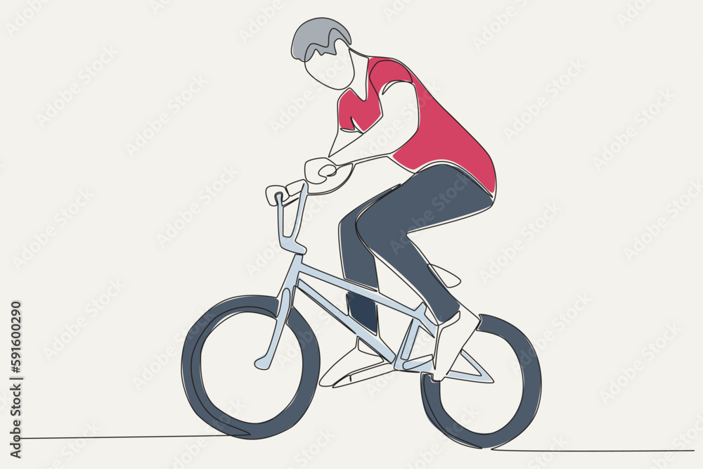 Color illustration of a man riding a bicycle. World bicycle day one-line drawing