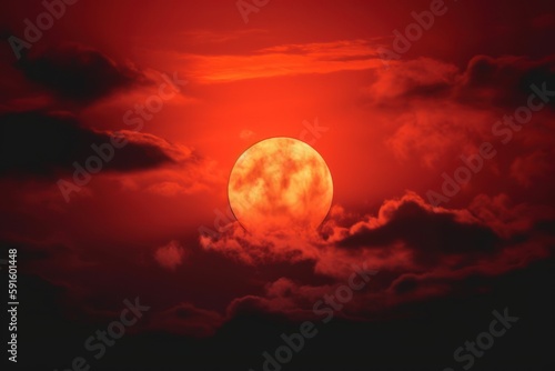 red sun with clouds behind on the dark sky  a red sun with clouds in the background