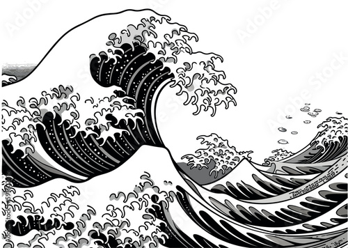Tableau sur toile An oriental Japanese great wave in a vintage retro engraved etching style