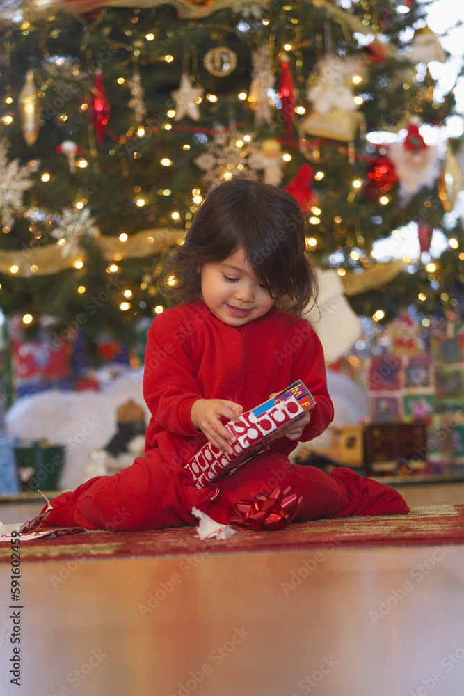 Girl Opening Present on Christmas Morning Girl Opening Present on Christmas Morning