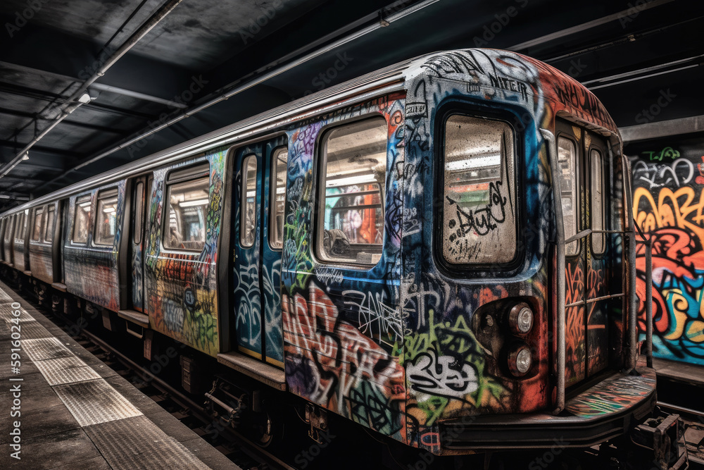 old tram in the city with graffiti created with Generative AI technology old tram in the city with graffiti created with Generative AI technology