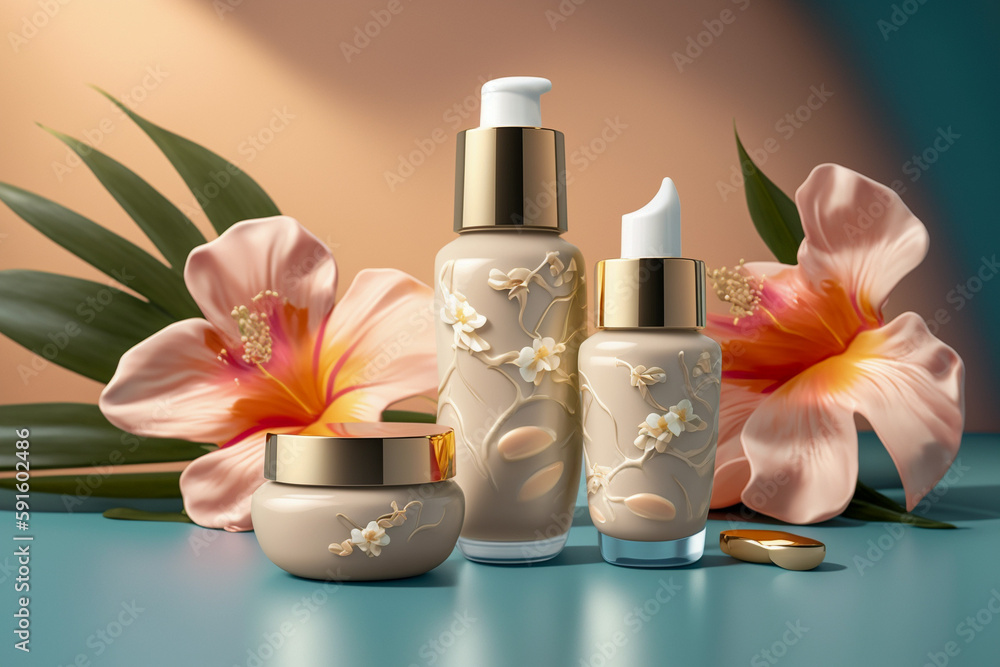 Beauty cosmetics for face and body care. 3d photo realistic background, generative ai illustration Beauty cosmetics for face and body care. 3d photo realistic background, generative ai illustration