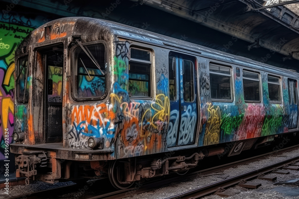 Obraz premium old tram in the city with graffiti created with Generative AI technology