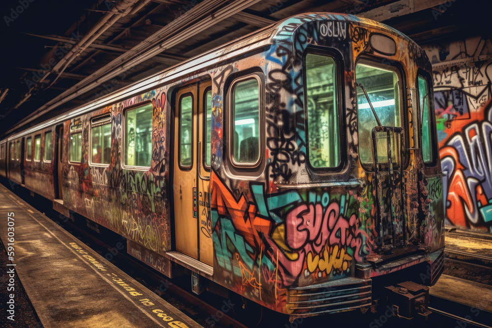 Obraz premium old tram in the city with graffiti created with Generative AI technology