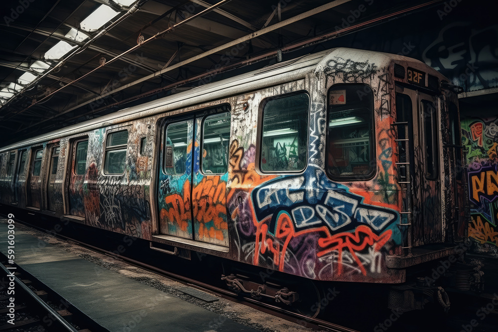 Obraz premium old tram in the city with graffiti created with Generative AI technology
