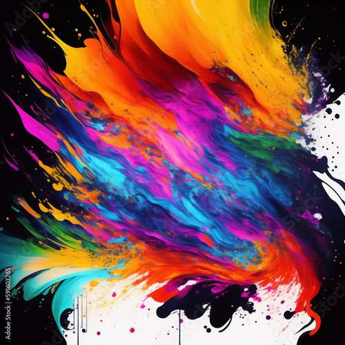 Vibrant and dramatic swirl of colorful ink splats in a gorgeous curving vortex pattern against a black background. Blending of rainbow colors. Digital art.