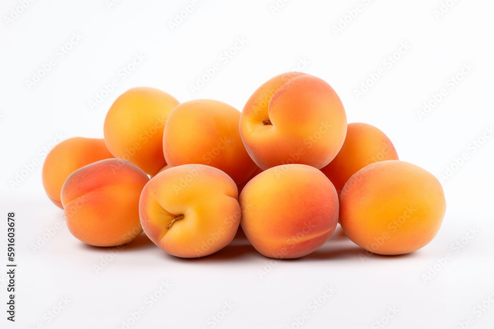 A pile of apricots on a white background