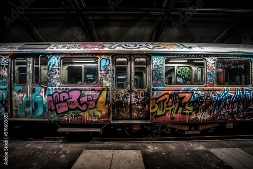 Wallpaper Mural old tram in the city with graffiti created with Generative AI technology Torontodigital.ca