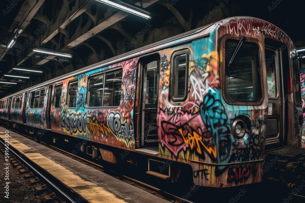 Fototapeta premium old tram in the city with graffiti created with Generative AI technology