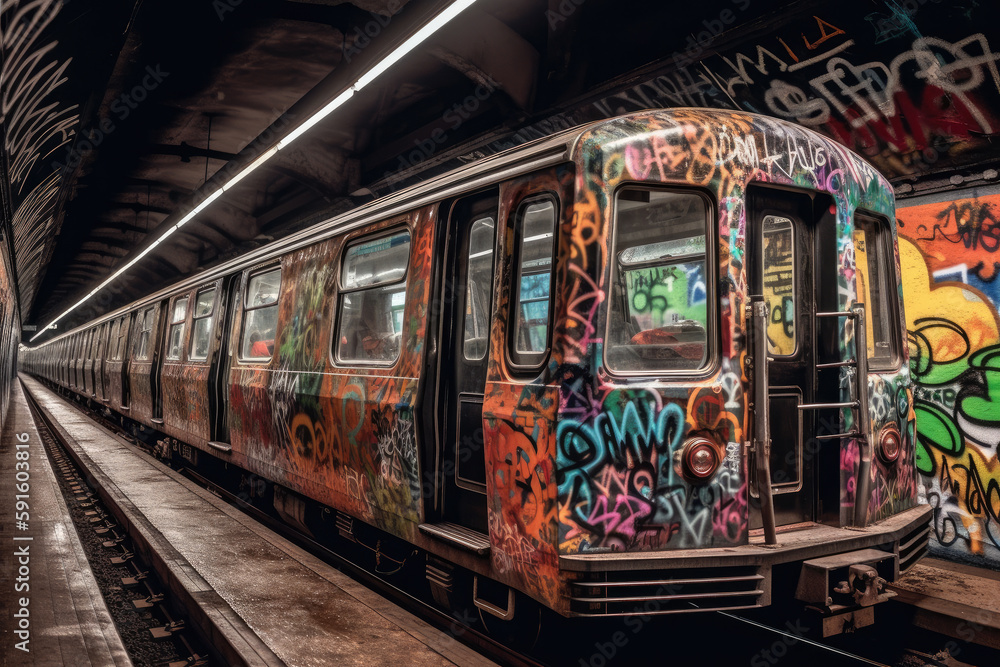 old tram in the city with graffiti created with Generative AI technology