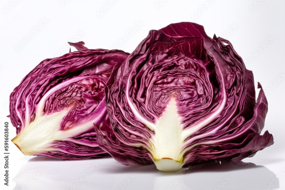 A purple and white cabbage is on a white background. A purple and white cabbage is on a white background.