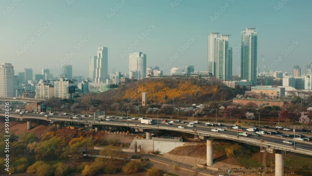 Drone View of Seoul city in South Korea, Sunrise in Gangnam City