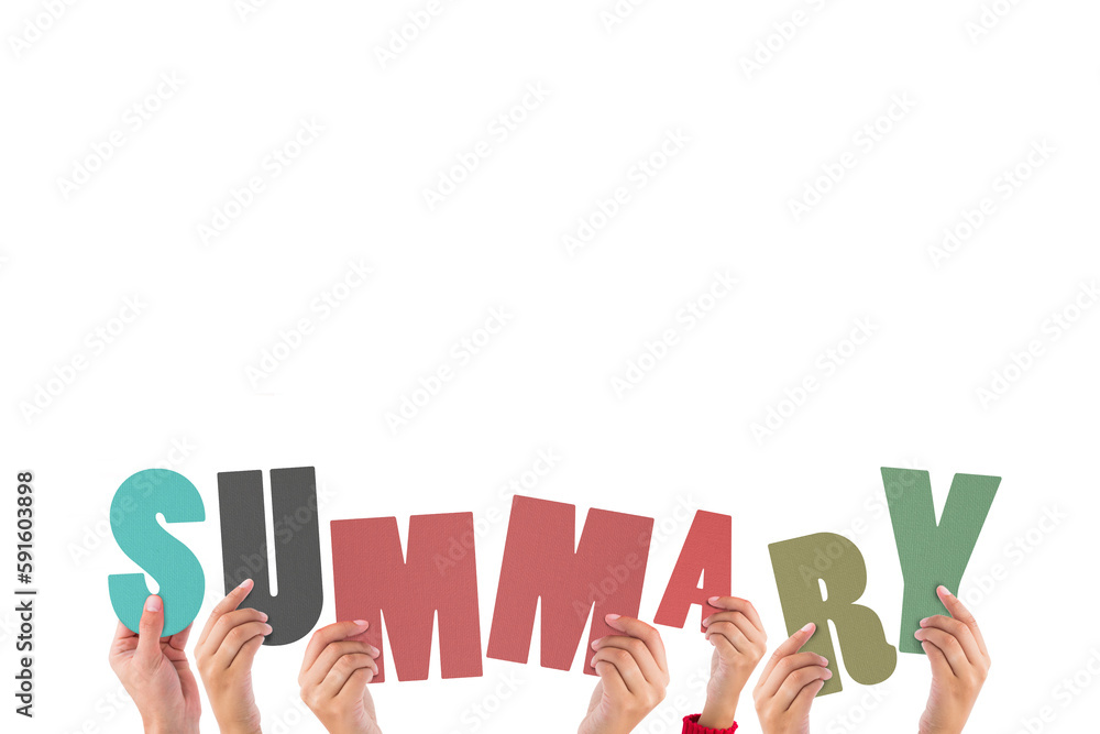 Colorful alphabet spelling summary held up by people Colorful alphabet spelling summary held up by people