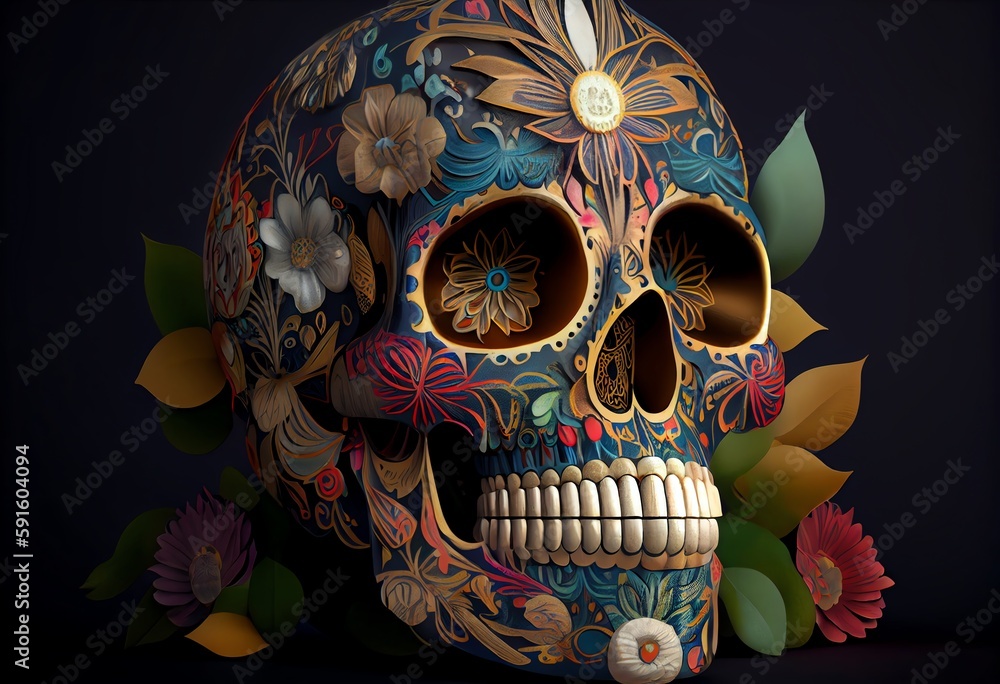 Calavera Sugar Skull 3d, Floral Skull For Dia De Los Muertos. Generative AI