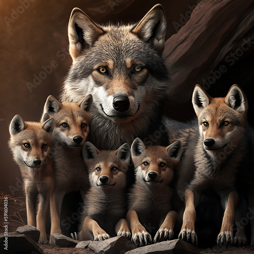 The illustration features a wolf family pack showcasing their strong familial bonds and social structure in a natural setting, with detailed textures and color