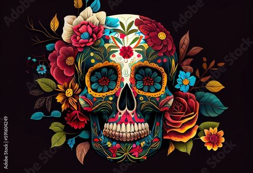 Dia De Los Muertos Traditional Calavera Sugar Skull Decorated With Flowers The Day Of The Dead Illustration. Generative AI