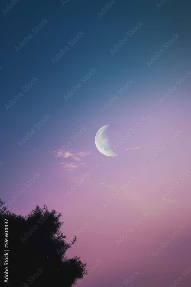 the moon shines over the treetops in a pink sky the moon shines over the treetops in a pink sky