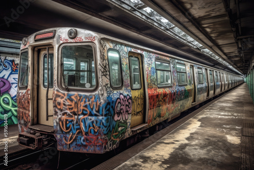 old tram in the city with graffiti created with Generative AI technology
