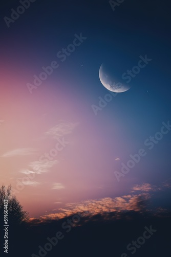 the moon shines over the treetops in a pink sky © Fernando