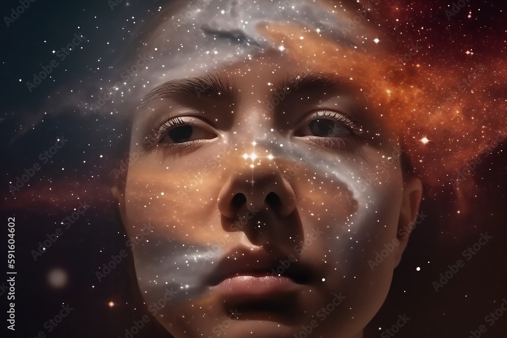 Galaxy on face, Galaxy mix with woman's face Galaxy on face, Galaxy mix with woman's face