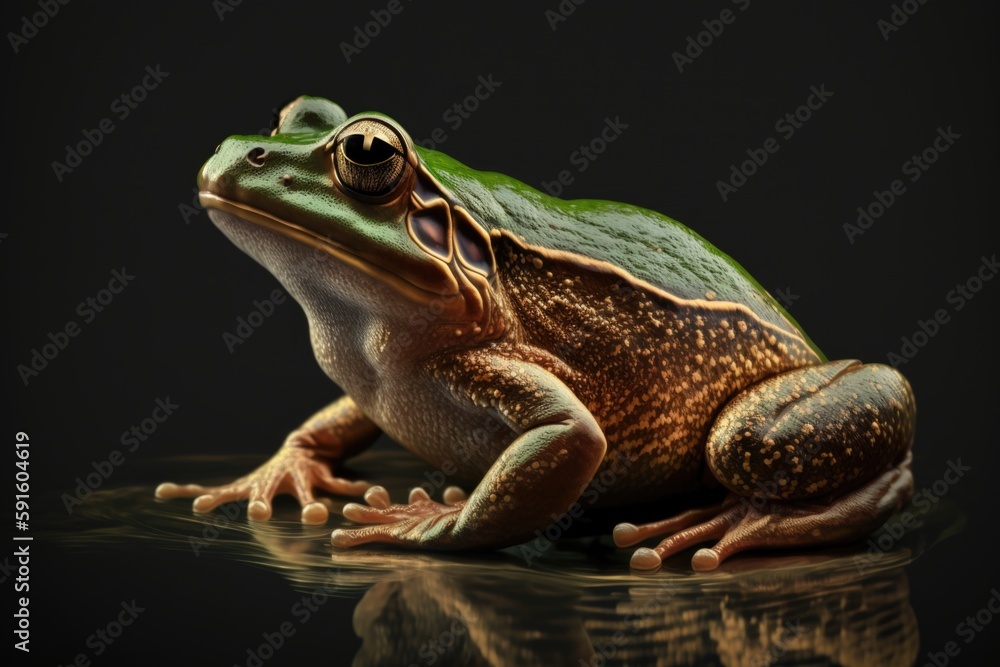a green frog isolated on black background with reflection created with generative ai a green frog isolated on black background with reflection created with generative ai