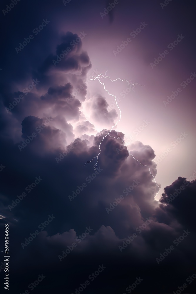 lightning lights up the sky with a purple sky, and purple clouds Stock ...
