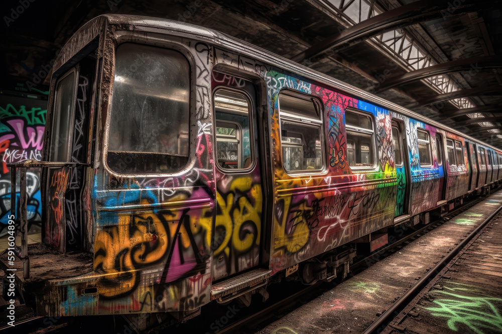Obraz premium old tram in the city with graffiti created with Generative AI technology