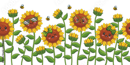 Seamless Pattern Of Cute Sunflowers And Bee On White Background In Flat Vector. Cute Cartoon Illustration For Banner, Background, And Greeting Card