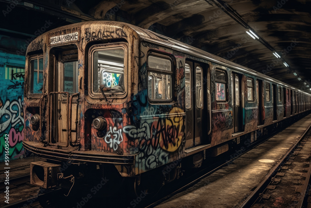 Obraz premium old tram in the city with graffiti created with Generative AI technology
