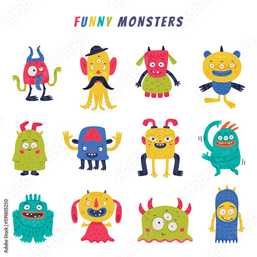 Funny Monster with Horns and Toothy Mouth Vector Set