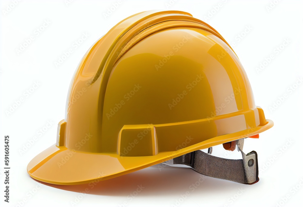Fototapeta premium Yellow construction helmet with adjustable chin strap - safety gear - isolated on white background. Generative AI