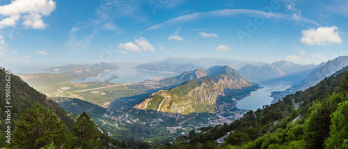 Bay of Kotor summer morning panorama from up and Kotor town, Montenegro
