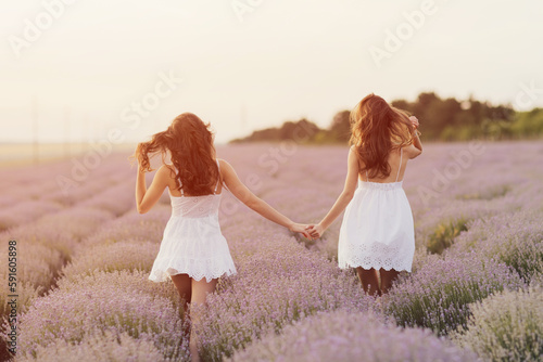 Two beautiful young sisters holding hands and walking on the field of lavender in Provence, France. Back view. 